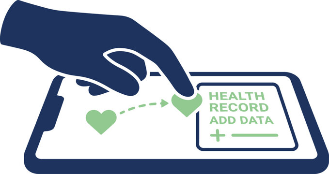 A hand adding a green heart to a digital health record on a tablet