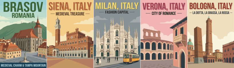 Obraz premium Vintage europe travel poster set. Including brasov romania, siena, milan, verona, and bologna italy. Retro flat vector wall art prints.