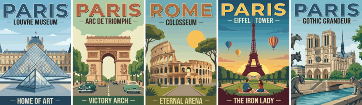 Vintage europe travel poster set. Including paris france louvre museum, arc de triomphe, eiffel tower, notre dame, and rome italy colosseum. Wall art prints.