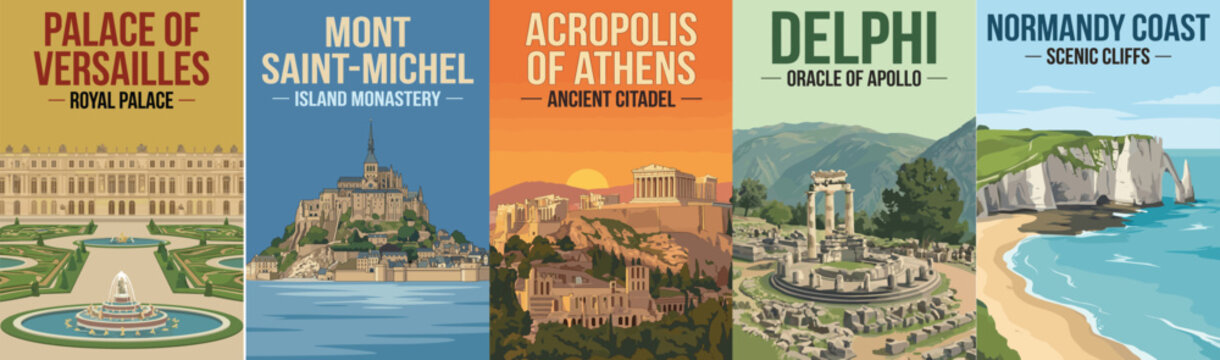 Vintage france and greece travel poster set. Including palace of versailles, mont saint michel, acropolis of athens, delphi, and normandy coast. Wall art prints.