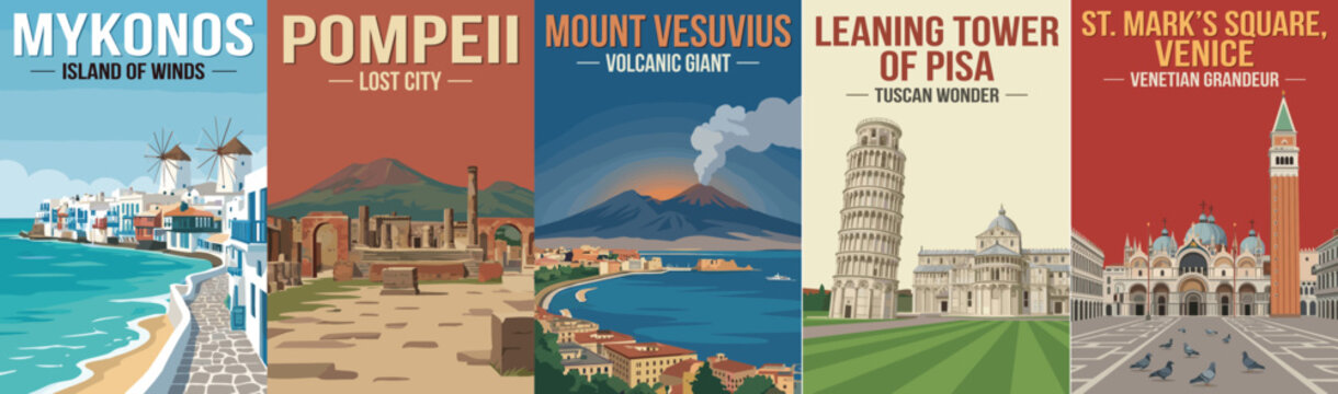 Vintage italy and greece travel poster set. Including mykonos greece, pompeii lost city, mount vesuvius, leaning tower of pisa, and st marks square venice. Wall art prints.