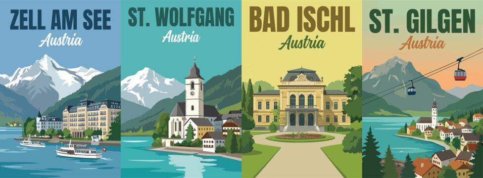 Vintage austria travel poster set. Including zell am see, st wolfgang, bad ischl, and st gilgen. Retro alpine village lake wall art prints.
