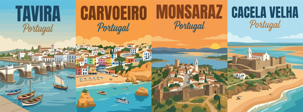 Vintage portugal travel poster set. Including tavira, carvoeiro beach, monsaraz castle, and cacela velha. Retro flat vector wall art prints.