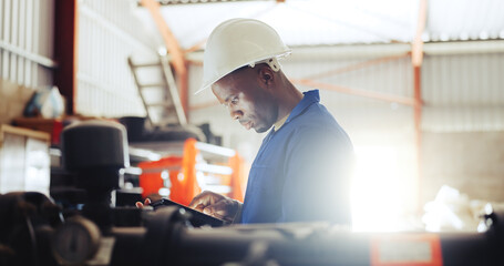 Technician, man and inspection with tablet, warehouse or checking water system for quality...