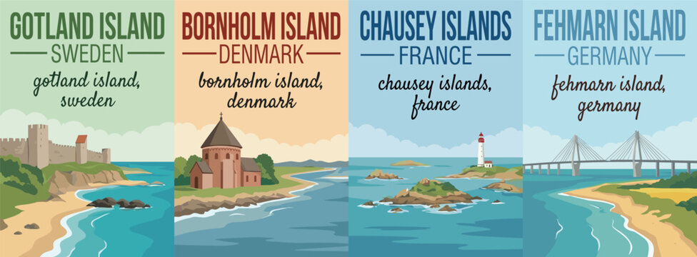 Vintage baltic and atlantic island travel poster set. Including gotland island sweden, bornholm denmark, chausey islands france, and fehmarn germany. Prints.