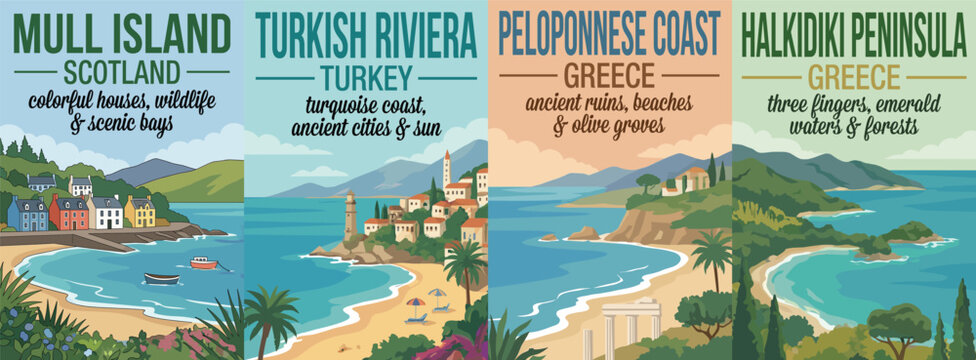 Vintage europe travel poster set. Including mull island scotland, turkish riviera coast, peloponnese ancient ruins greece, and halkidiki peninsula. Wall art.