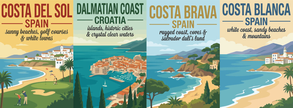 Vintage europe coastal travel poster set. Including costa del sol spain, dalmatian coast croatia, costa brava, and costa blanca. Retro wall art decor prints.