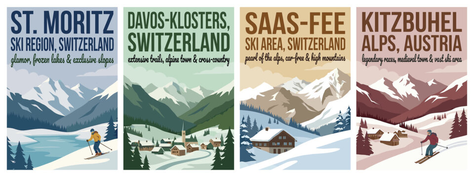 Vintage luxury ski travel poster set. Including st moritz switzerland, davos klosters, saas fee, and kitzbuhel austria. Retro alpine wall art prints.