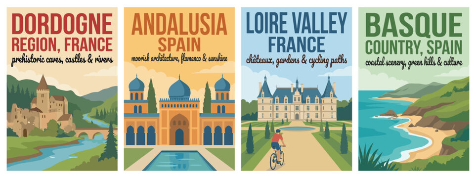 Vintage europe travel poster set. Including dordogne france, andalusia spain, loire valley gardens, and basque country. Retro flat vector wall art decor prints.