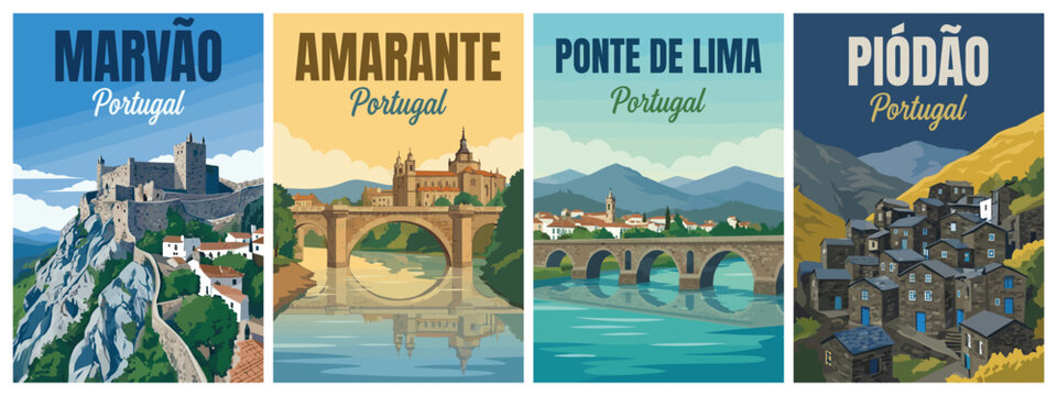 Vintage portugal travel poster set. Including marvao clifftop castle, amarante bridge, ponte de lima, and piodao schist village. Retro wall art decor prints.