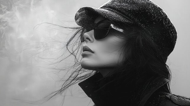 Stylish woman in black coat and hat with sunglasses in winter wind, monochrome fashion portrait, modern elegance