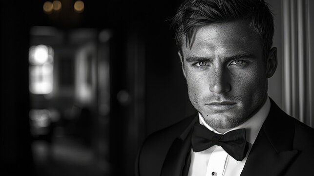 Confident young man in tuxedo with bow tie in dramatic black and white lighting, elegant formal portrait indoors