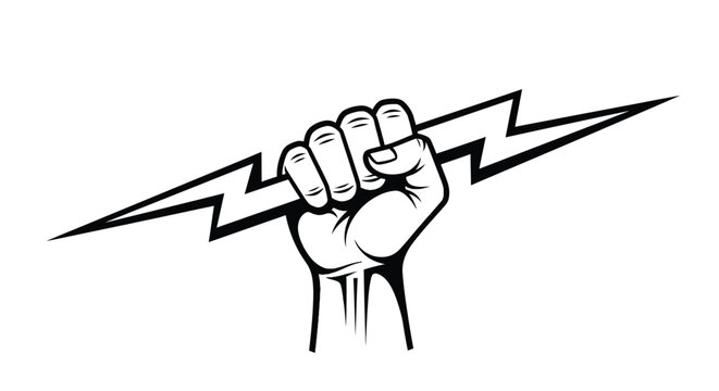Human fist gripping a sharp jagged lightning bolt representing strength power energy and intense electric force