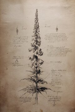 A tall, detailed sketch of a Verbascum thapsus spire, showing each individual flower, with precise cross-hatching and labels with alchemical glyphs for "height" and "strength," on aged document
