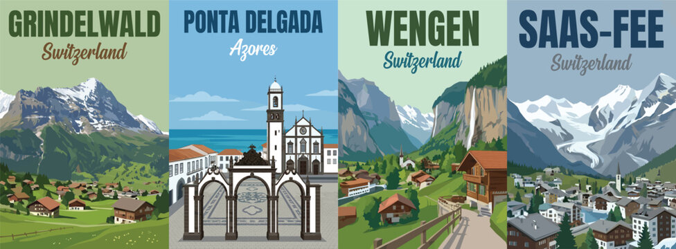 Vintage europe travel poster set. Including grindelwald switzerland, ponta delgada azores, wengen, and saas fee. Retro alpine wall art prints.