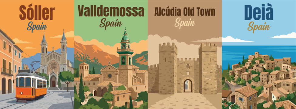 Vintage spain travel poster set. Including soller tram, valldemossa, alcudia old town, and deia mallorca village. Retro wall art prints.