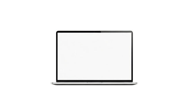 Silver laptop computer with blank white screen on white background transparent background