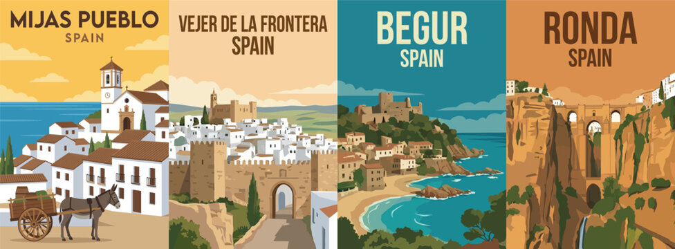 Vintage spain travel poster set. Including mijas pueblo, vejer de la frontera, begur, and the ronda bridge. Retro flat vector wall art prints.