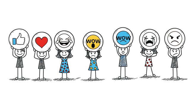 kids holding emoji icons set hand drawn stick figures emotions social media reactions vector