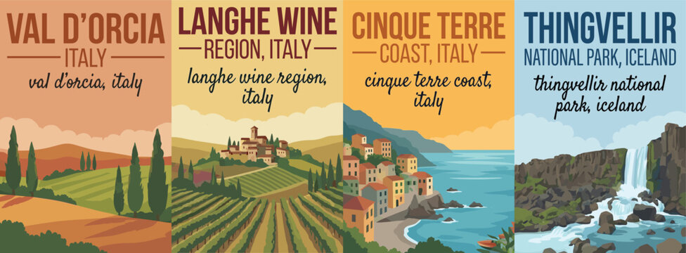 Vintage europe travel poster set. Including val d orcia italy, langhe wine region, cinque terre coast, and thingvellir national park iceland. Wall art prints.