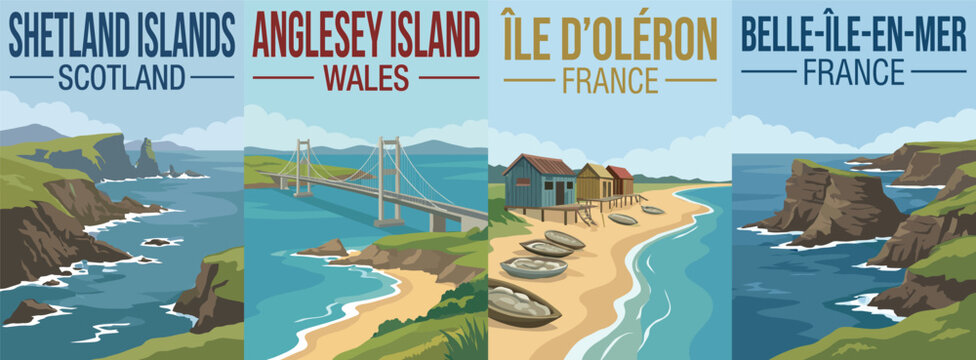 Vintage scotland and france island travel poster set. Including shetland islands, anglesey wales, ile d oleron beach huts, and belle ile en mer. Art prints.