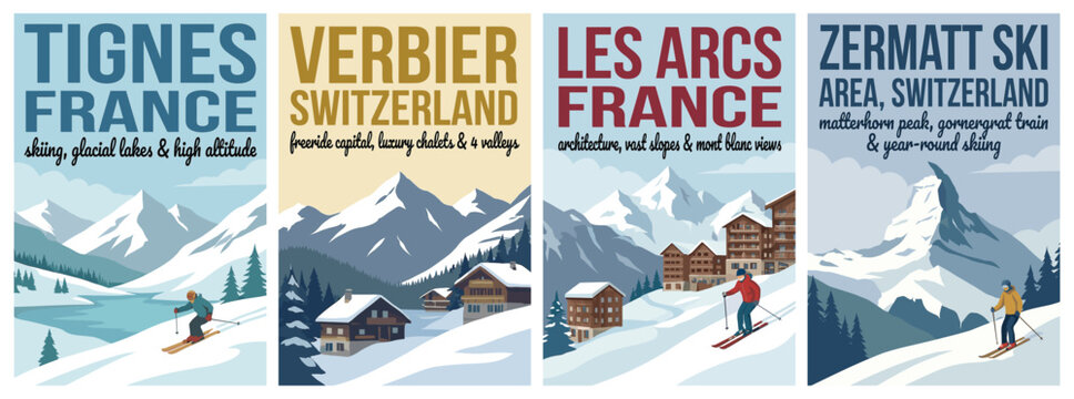 Vintage alpine ski travel poster set. Including tignes france, verbier switzerland, les arcs, and zermatt matterhorn. Retro mountain wall art prints.