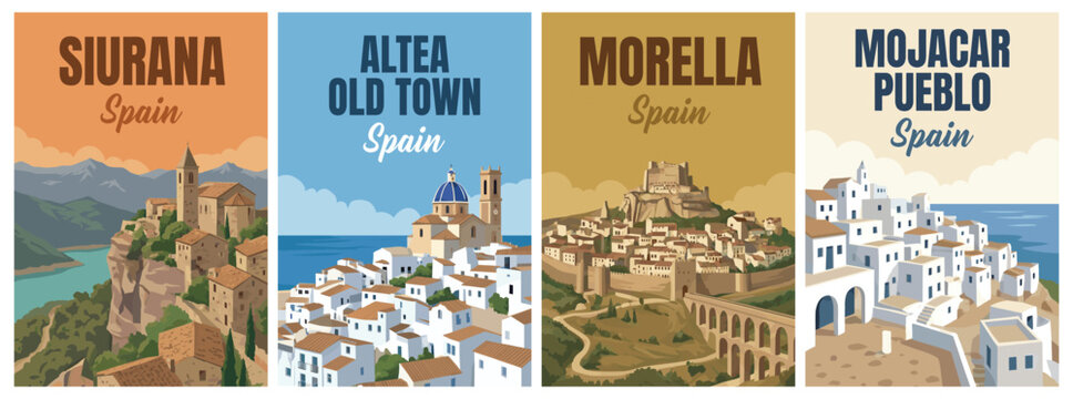 Vintage spain travel poster set. Including siurana village, altea old town blue dome, morella medieval castle, and mojacar pueblo. Retro wall art decor prints.