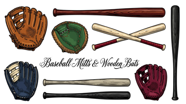 Vintage Hand-Drawn Baseball Mitts and Wooden Bats Collection, Set of Sport Equipment Vector Illustration
