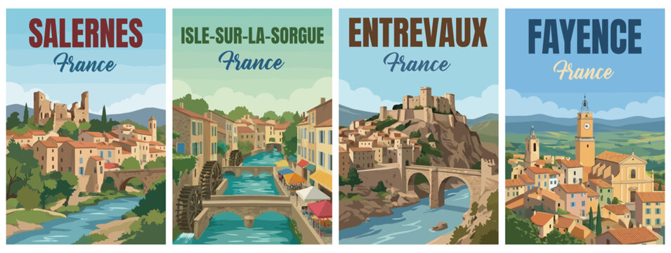 Vintage france travel poster set. Including salernes village, isle sur la sorgue waterwheel, entrevaux fort, and fayence hilltop town. Art decor prints.