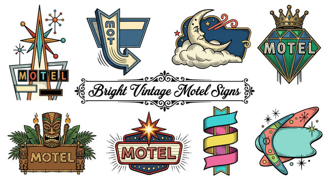 Collection of Retro Vintage Motel Signs and Mid-Century Modern Roadside Hotel Advertising Illustrations with Tiki, Atomic, and Googie Design Elements