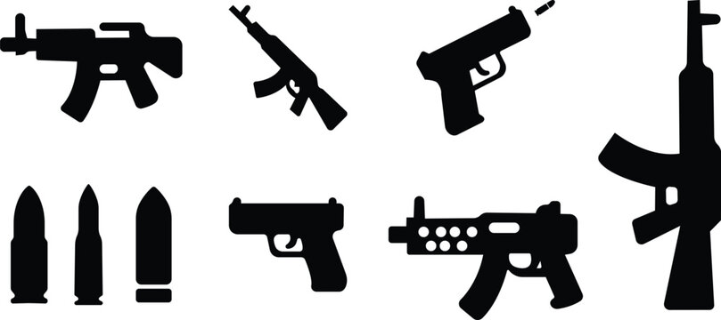 Gun rifle pistol weapon set collection group icons, firearm armament ammo bullet vector pack, assault handgun carbine silhouette and outline flat line black style isolated design elements