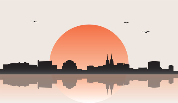 Minimalist contemporary Japanese-style drawing of a half sun skyline with water reflection poster panorama of WROCLAW, POLAND