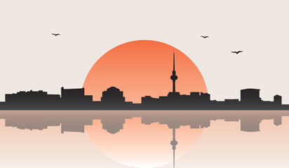 Obraz premium Minimalist contemporary Japanese-style drawing of a half sun skyline with water reflection poster panorama of BERLIN, GERMANY