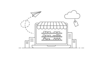 Naklejka premium Online store concept, laptop with shop awning and shelves with products, paper plane and cloud with price tag icon