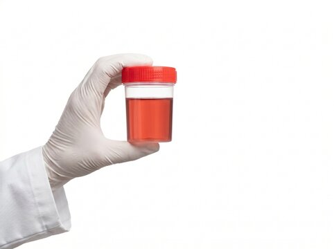 doctor holding urine sample container with medium reddish urine representing visible blood in urine urinary infection and moderate hematuria diagnostic concept