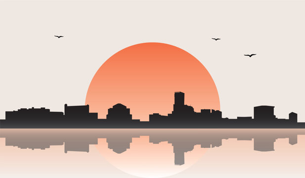 Minimalist contemporary Japanese-style drawing of a half sun skyline with water reflection poster panorama of ZAGREB, CROATIA