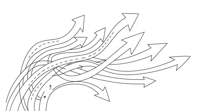 Abstract line art illustration of multiple curved arrows pointing in different directions, symbolizing growth, choices, and complex paths