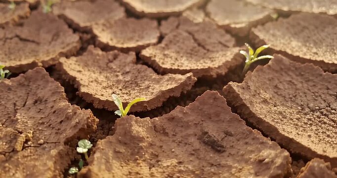 Small Green Sprouts Growing Through Cracked Dry Earth Representing Hope and Resilience Against Drought