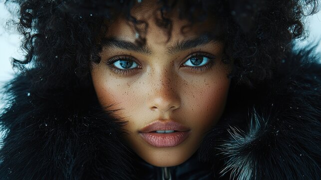 Striking portrait of young woman with curly hair, blue eyes, and freckles wearing black fur coat in winter
