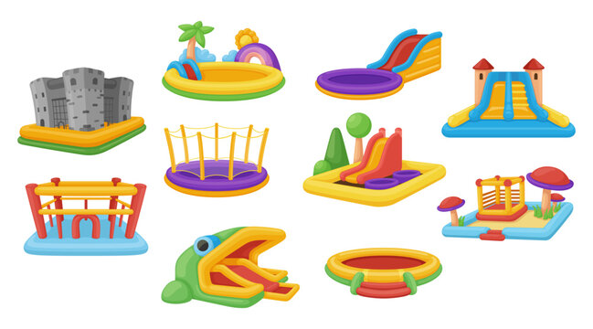 A set of children s inflatable playgrounds with slides, trampolines and a variety of fun structures for outdoor play on the playground.