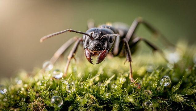 Extreme macro shot of an ant on green moss, nature and wildlife photography.