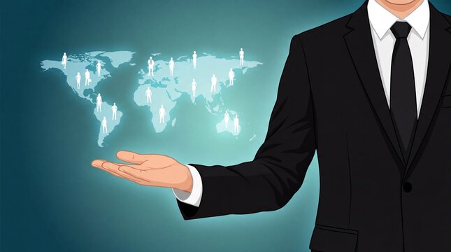 Businessman's hand presenting global connections and network on a digital world map.