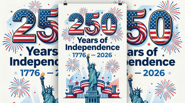 American semiquincentennial celebration poster with Statue of Liberty for two hundred fifty years of independence historical festival banner design
