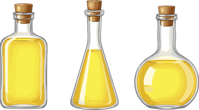 Three Glass Bottles with Cork Stoppers Filled with Golden Yellow Liquid Cartoon Style Vector Illustration for Oil Potion and Organic Product Concept