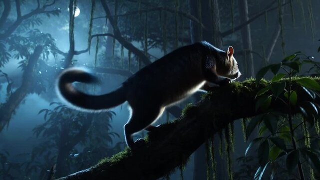A dark-furred squirrel moves on a branch.