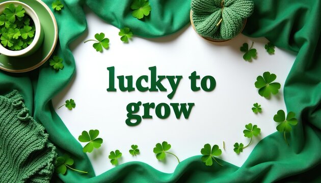 Green shamrock leaves and fabric frame the words lucky to grow. This design suggests themes of prosperity, good fortune, and natural growth, perfect for spring or Irish celebrations.