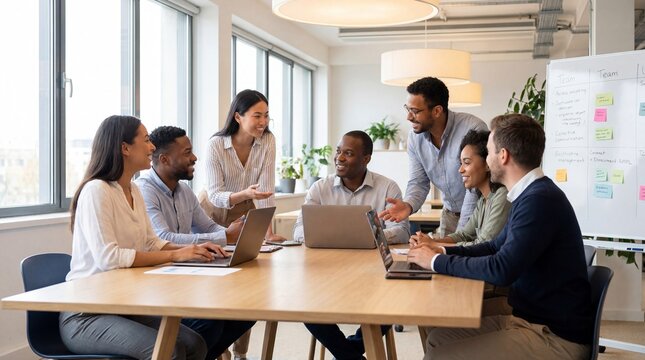 A diverse group of business professionals actively engage in a collaborative meeting around a large table in a modern office space.