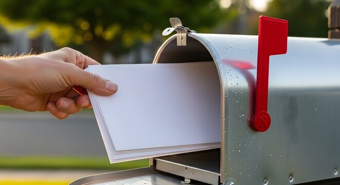 Hand taking cards from outdoor mailbox near nature