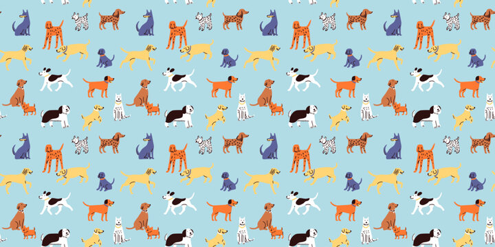 Funny dog animal crowd cartoon seamless pattern in flat illustration style. Cute puppy pet group background, diverse domestic dogs breed wallpaper.