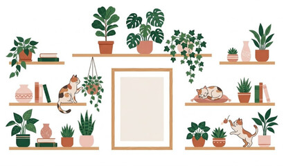 Scandinavian cozy home interior set with shelves plants and cats vector illustration with decorative frame © Mst RAFIYA